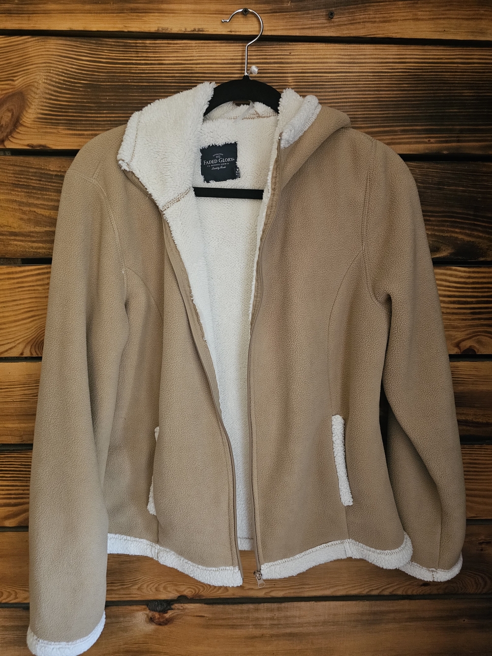 Faded Glory Tan Hooded Sherpa-Lined Fleece Jacket